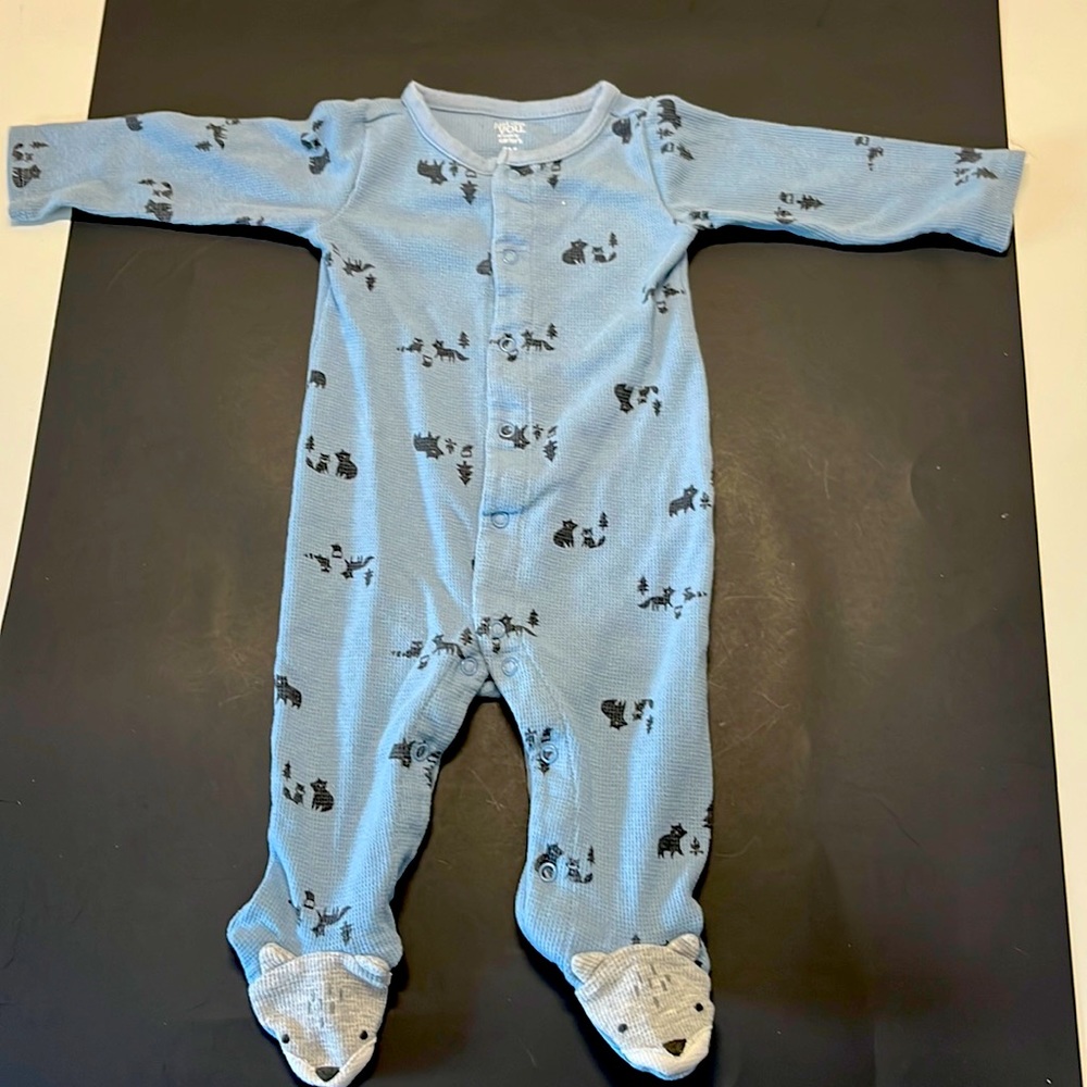 2/$10 Carter's Light Blue Footed One-Piece Pajama with Black Animal Prints